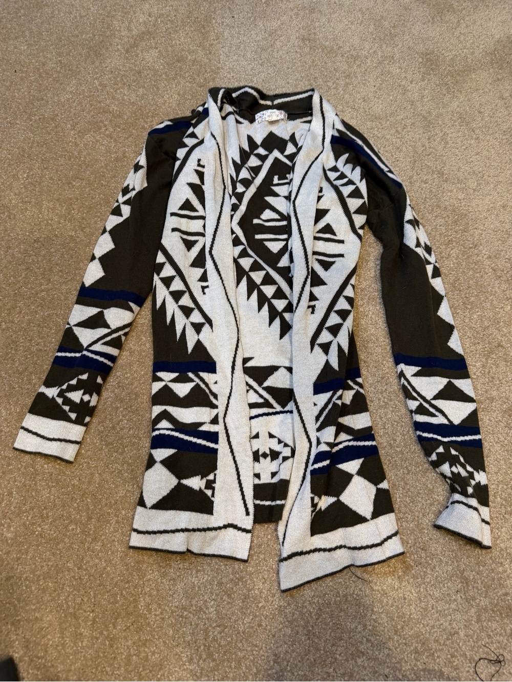 Pink Republic Black & White Geometric Open-Front Cardigan with Green Stripe XS